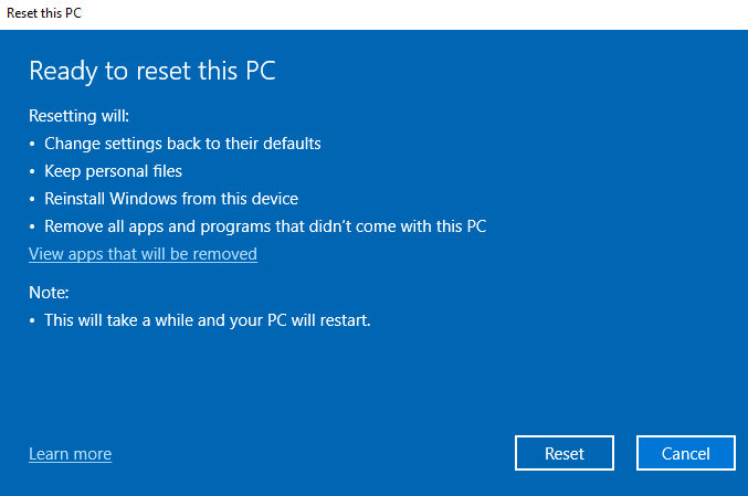 Click Reset button to reset your Windows 10