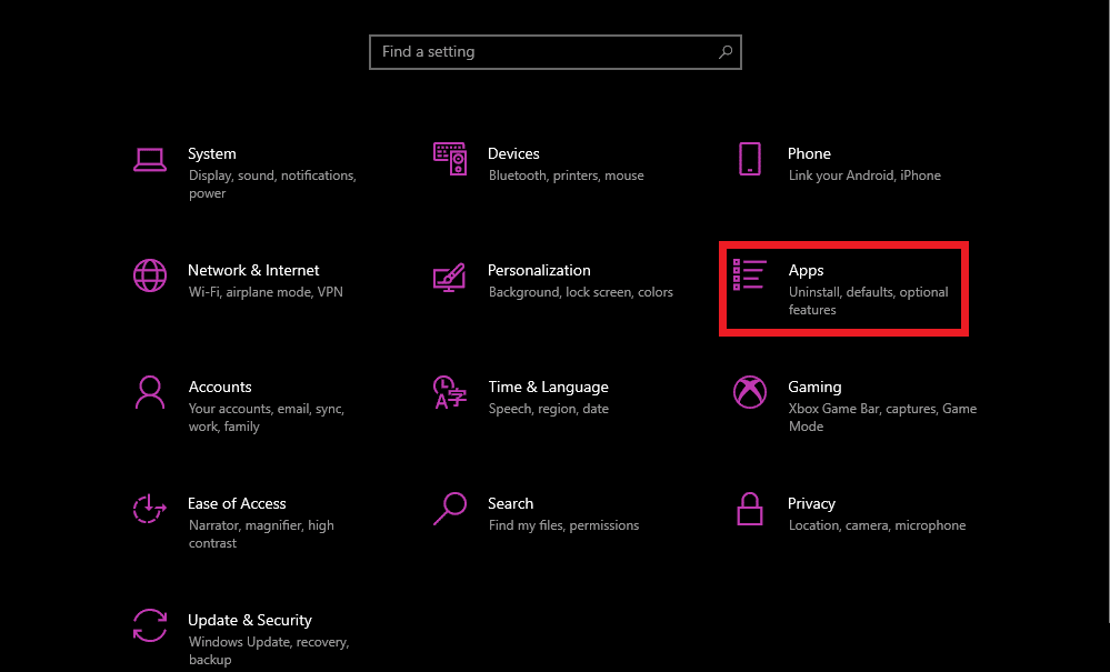 Select 'Apps' from the Settings window