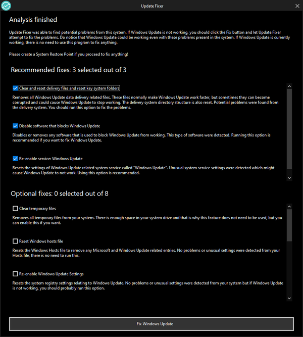 Windows Update Fixer analysis done screen