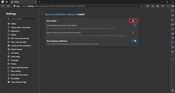 Toggle switch off to disable Copilot on Microsoft Edge