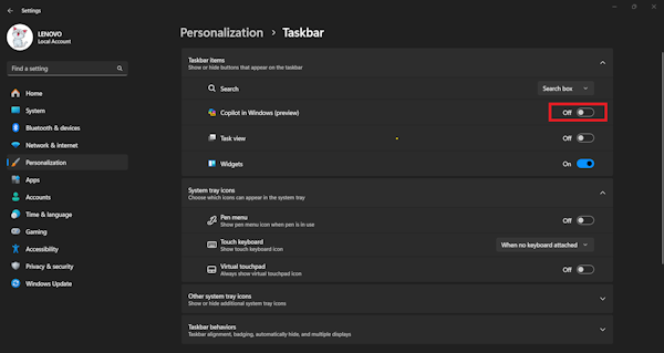 Turn off the toggle switch to disable Copilot on Windows 11