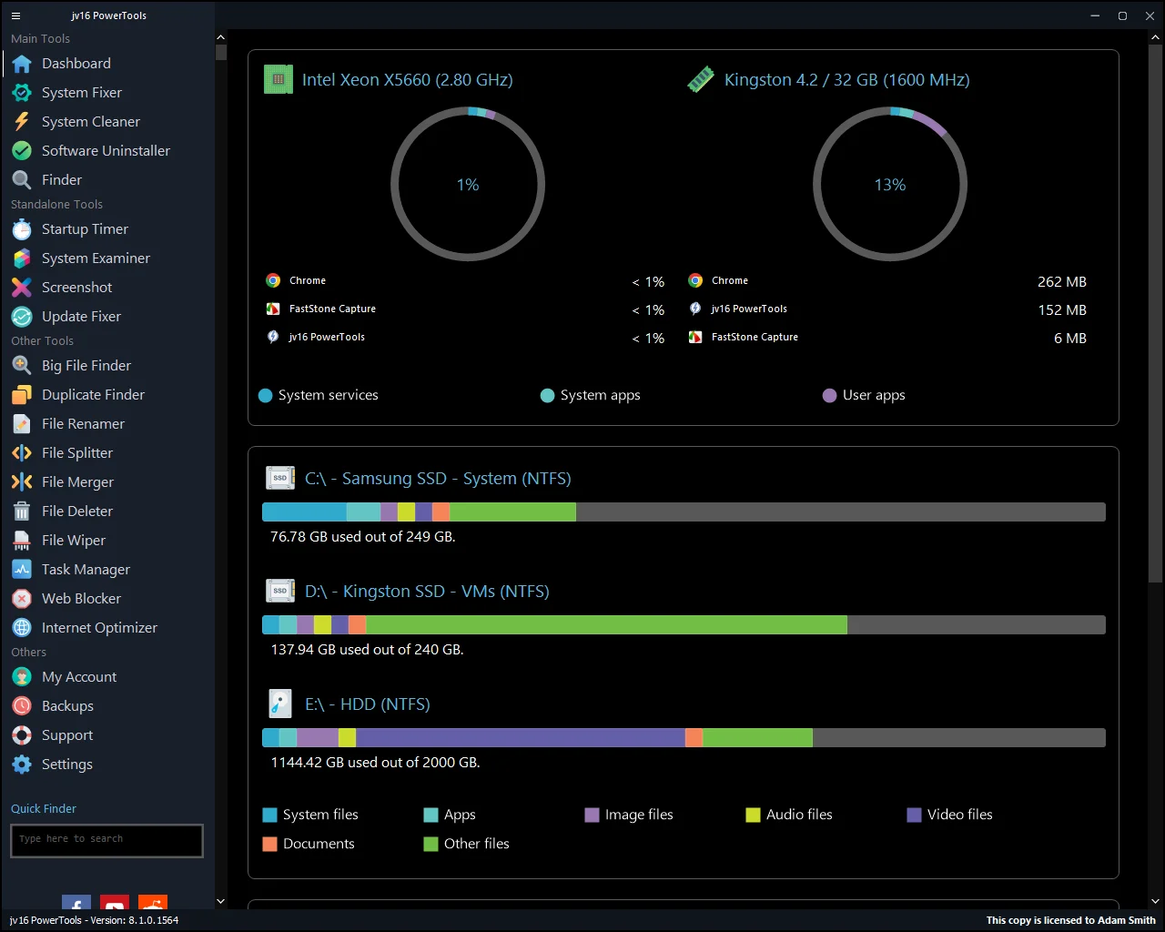 jv16 PowerTools Dashboard screenshot