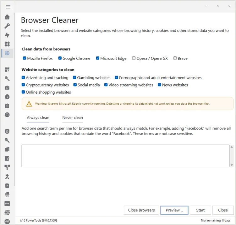 jv16 PowerTools 9 Browser Cleaner screenshot